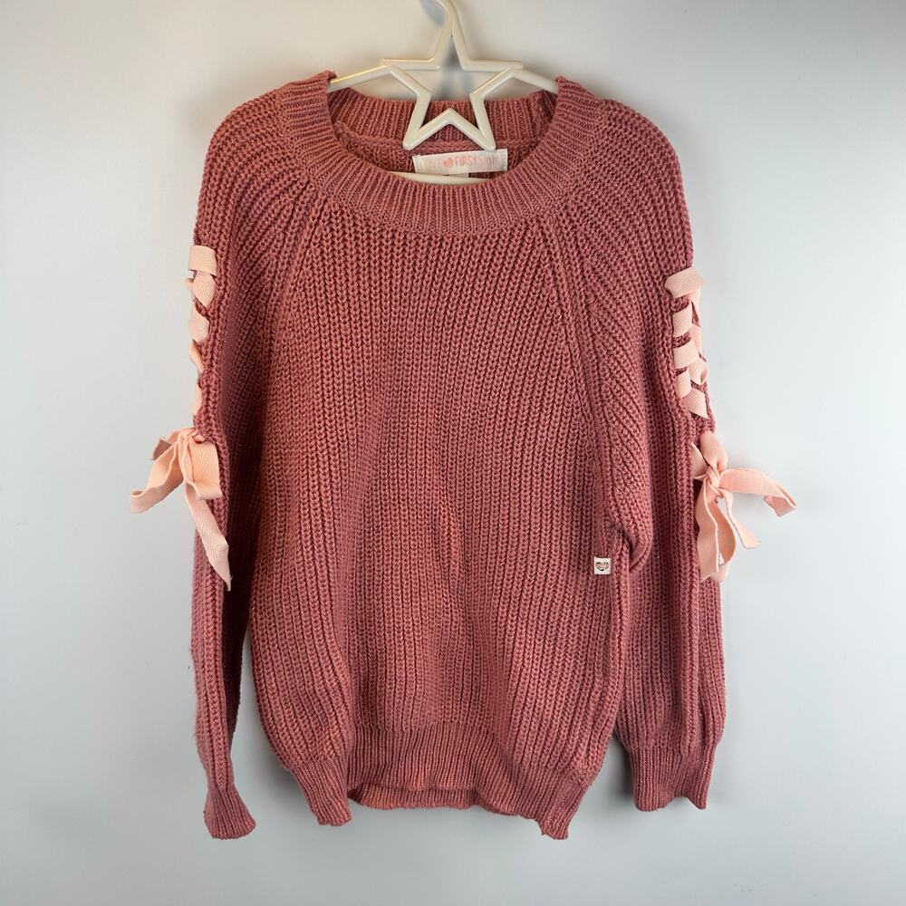 Ribbon Sleeves Pink Metallic Knit Cable Sweater Girls 5/6 Love at First Sight